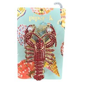 Piper K Lobster Hair Claw Clip Red Gold Rhinestone Faux Pearl Ocean Life NEW